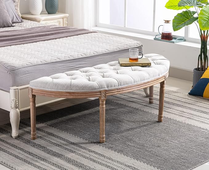 Kmax 55" Upholstered Bench Tufted Fabric Bench Vintage Semi-Circle Entryway - Image 6