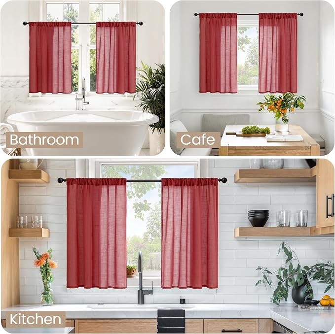 BGment Burgundy Linen Kitchen Curtains 40 Inch Length, Short Semi Sheer Drapes - Image 2