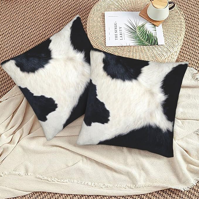 Western Cow Print Black and White Pillow Covers 20x20 Set of 2, Cowfur Print - Image 8