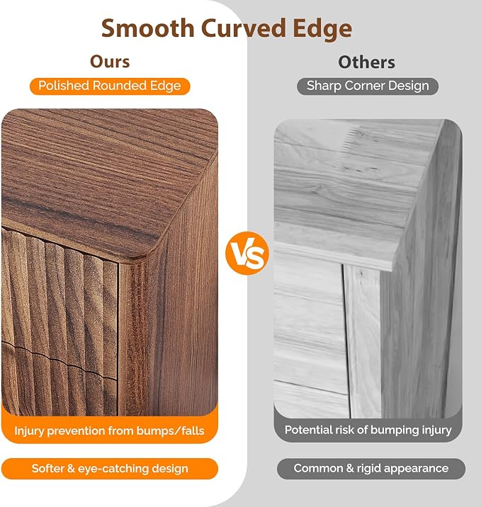 VINGLI Fluted Walnut Dresser 9 Drawer, Dark Wood Dresser Brown - Image 3