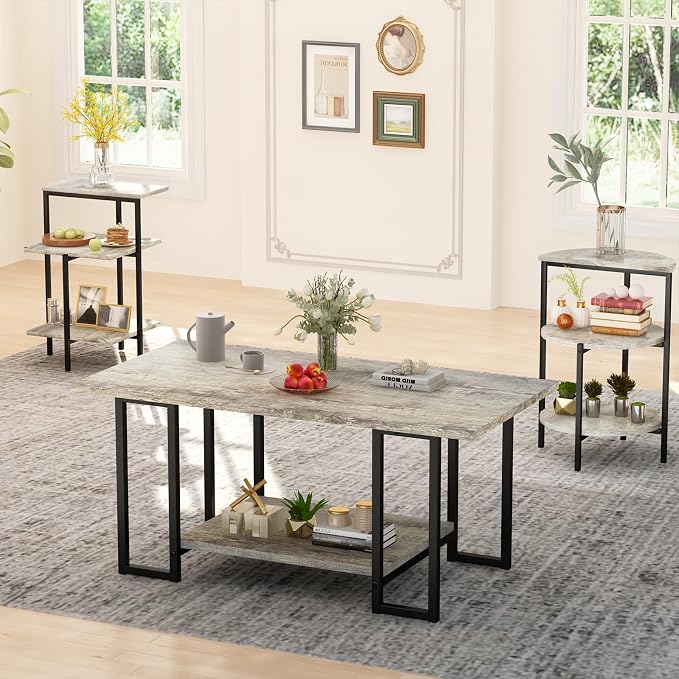 AWQM Faux Marble Table Set, Coffee Table & 2 Side Table, Faux Marble Tabletop - Image 3