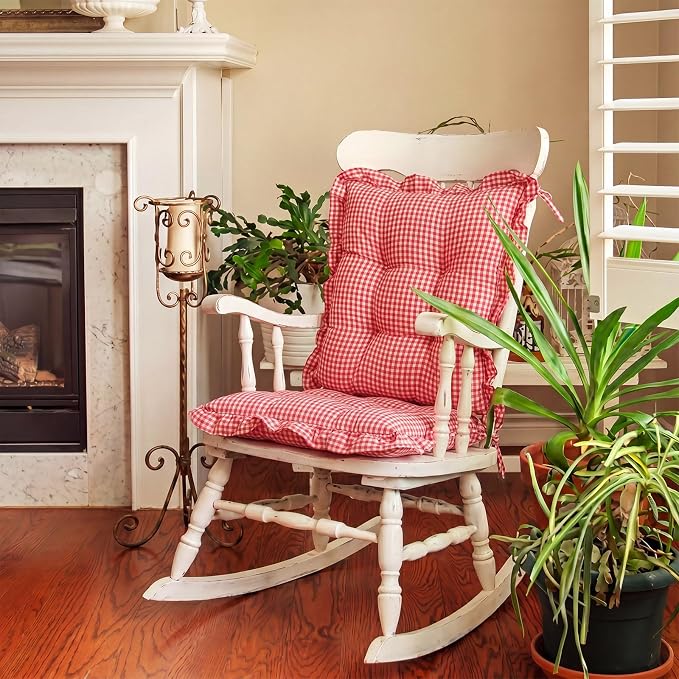 Lewtemi 2 Set Red Gingham Rocking Chair Cushion Village Ruffled Rocking Chair - Image 6
