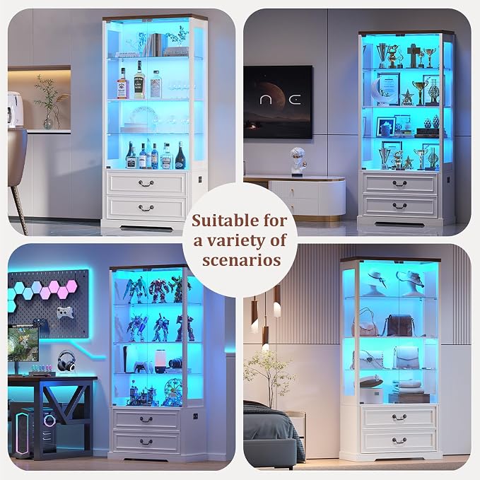 FREDEES Display Cabinet with Glass Doors, Tall Bookcase with 3 Color Lights and - Image 8