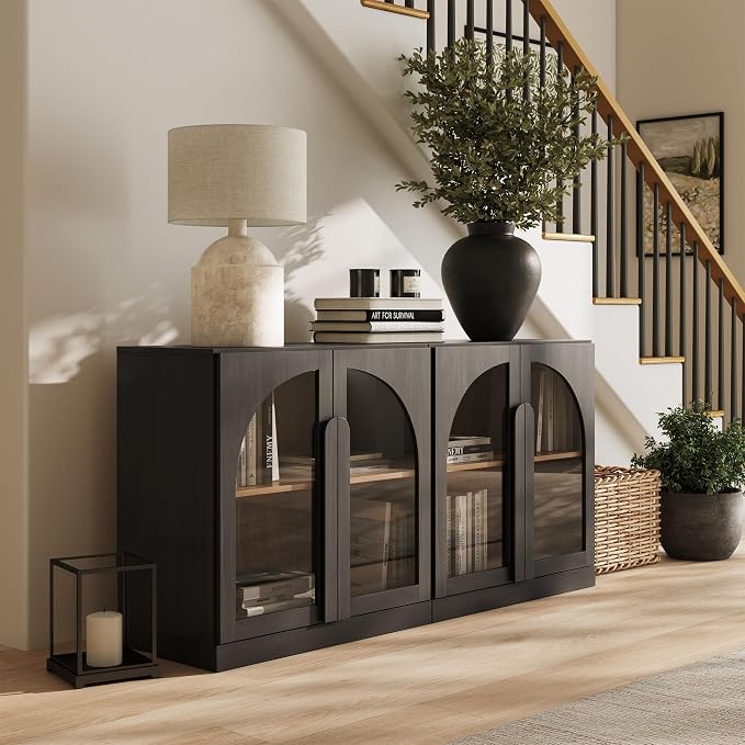 BELLEZE 2 Tier Bookshelf with Arched Glass Door by BELLEZE