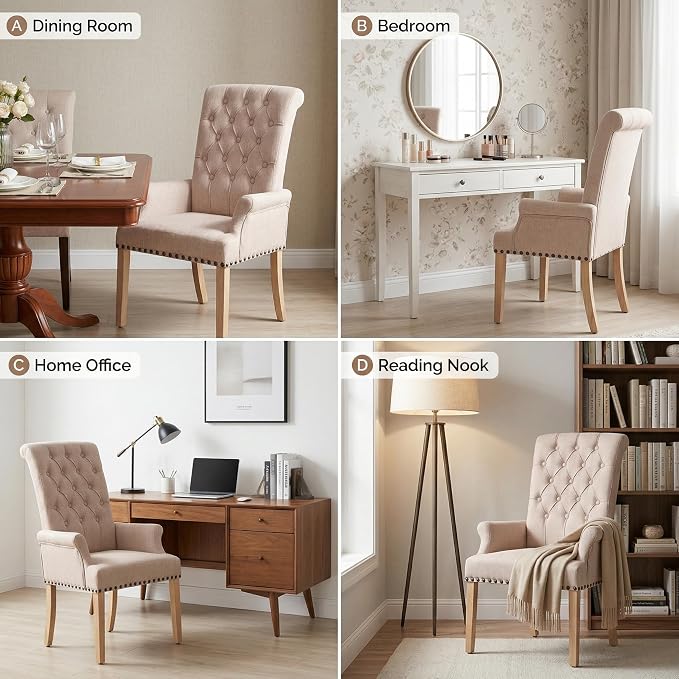 Modern Backrest Cushioned Dining Chair, Button Decorated Armrest Linen Chair - Image 4