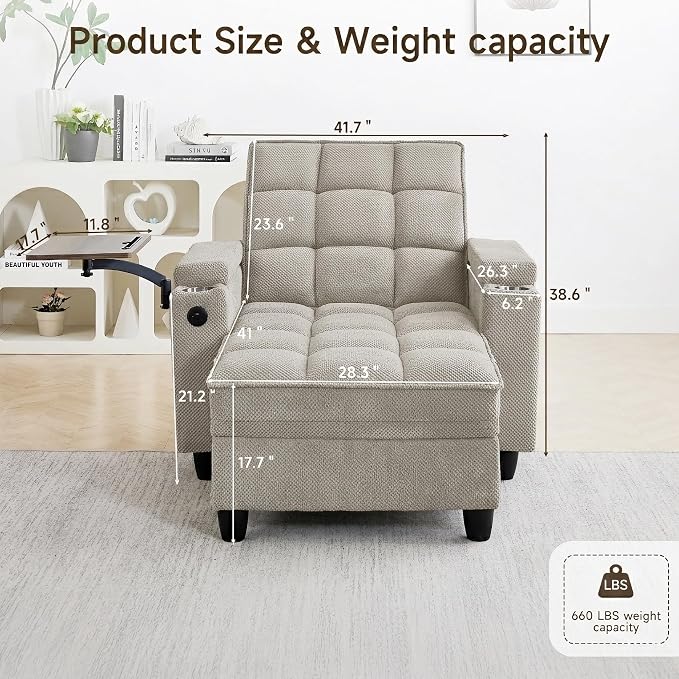 Oversized Recliner Chair with Swivel Tray Table, Modern Tufted Linen Fabric - Image 2