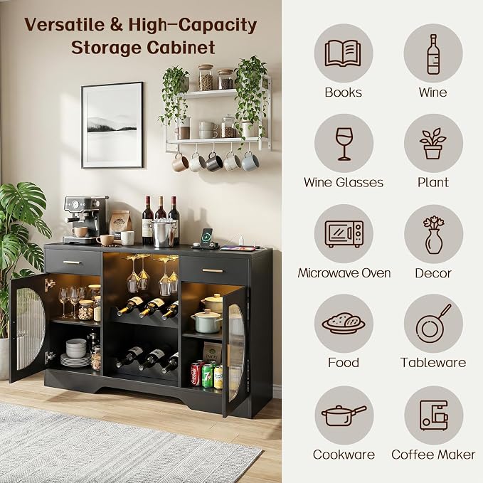 Wine Bar Cabinet with LED Light, Modern Liquor Cabinet Coffee Bar Cabinet - Image 7