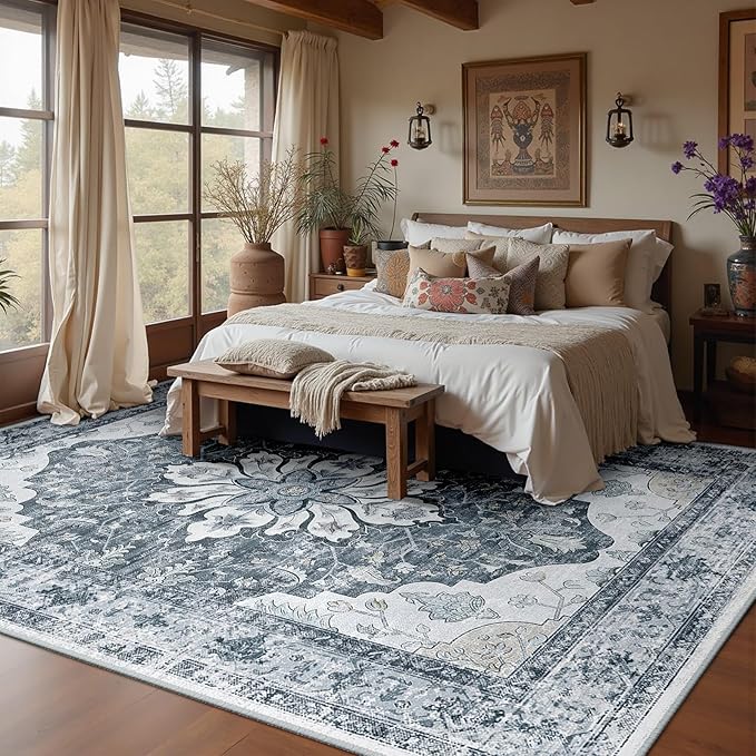 RELEANY Area Rugs 10'x12' Washable Non-Slip, Floral Vintage Distress Print - Image 2