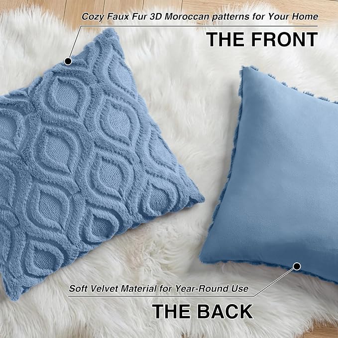 decorUhome Throw Pillow Covers 16x16 Inch Set of 2, Soft Plush Faux Wool Bluen - Image 8