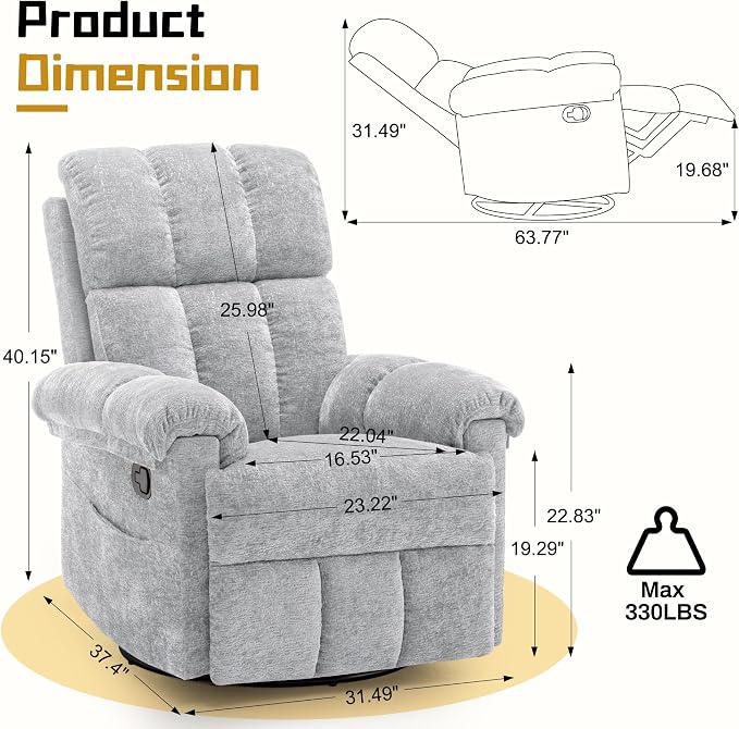 Korser Recliner Chair, Swivel Rocker Recliner Chair - Image 2