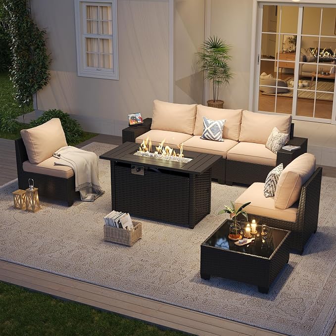Aoxun Patio Furniture Set with 44'' Fire Pit Table, Widen Armrests Wicker - Image 2