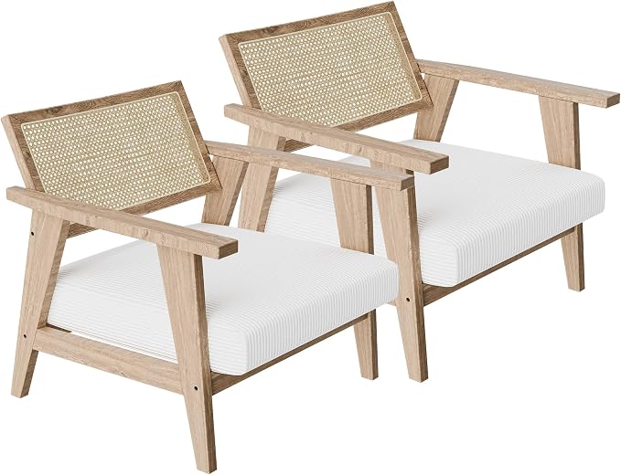 BELLEZE Mid Century Modern Rattan Chair Set of 2 Accent Natural Wood Armchair by BELLEZE