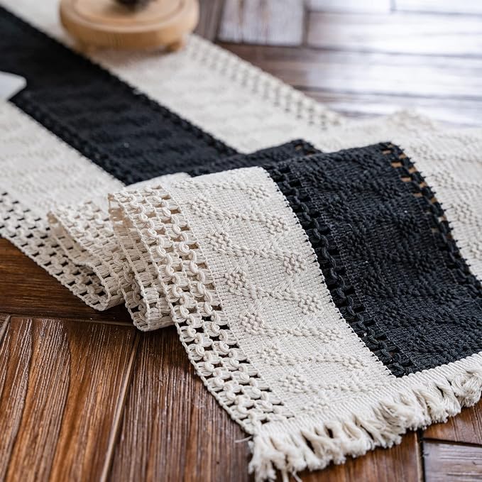 Macrame Table Runner Cream Beige and Black Boho Table Runners by AlynsehomCreateaBetterLife