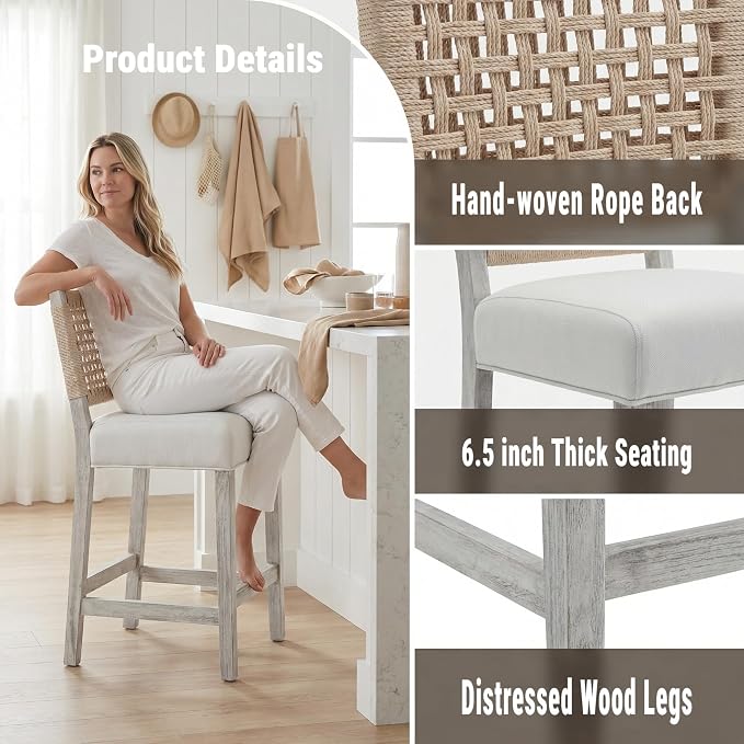 27" White Bar Stools for Kitchen Counter, Mid Century Linen Fabric Counter - Image 5