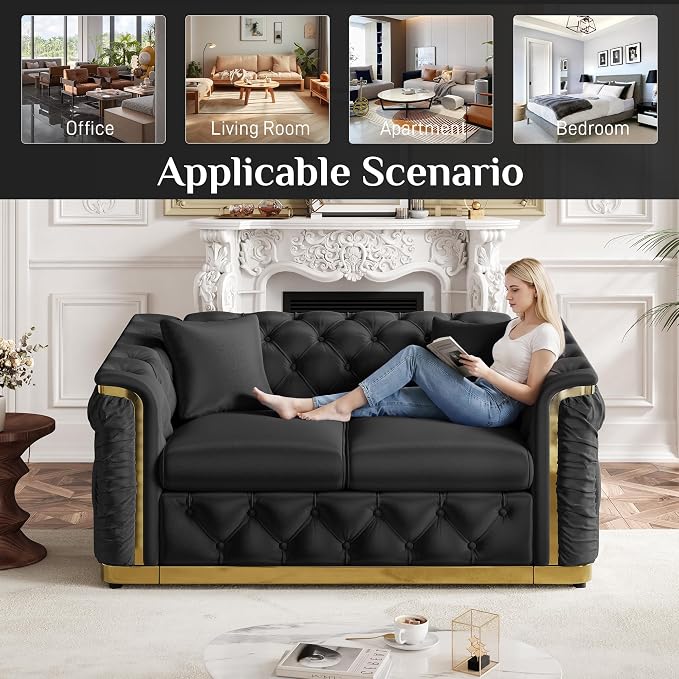 62.2" Luxury Velvet Chesterfield Sofa Tufted Victorian Black and Gold Couch - Image 5