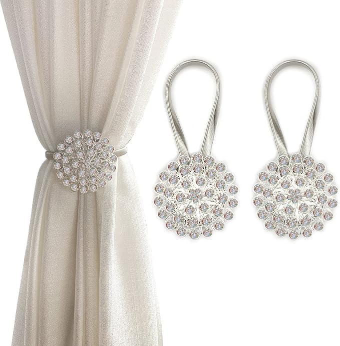 Magnetic Tiebacks for Curtains, 2 Pack Sparkling Crystal Flower Curtain by FOZUBOYO