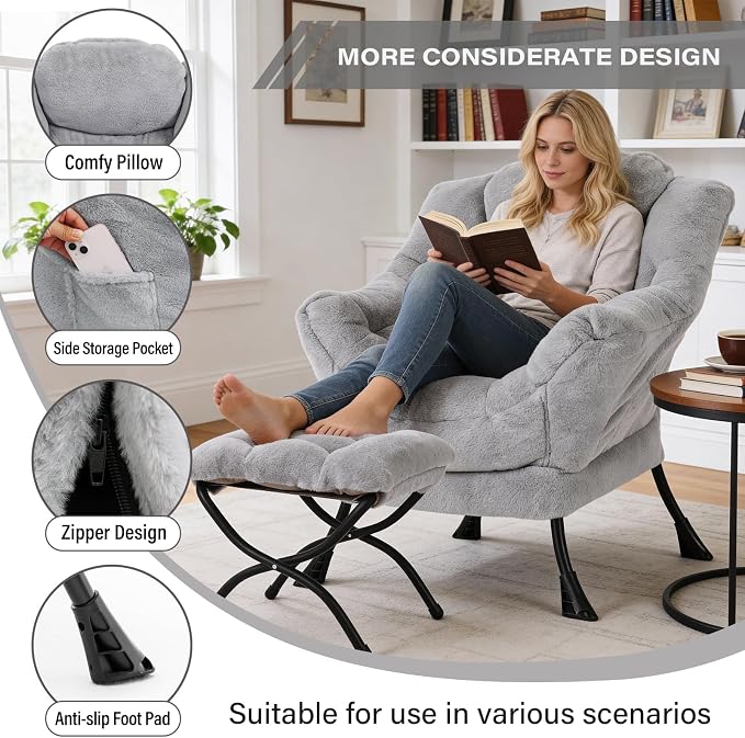 MBOOYOME Lazy Chair with Folding Ottoman, Modern Accent Armchair with Armrests - Image 4