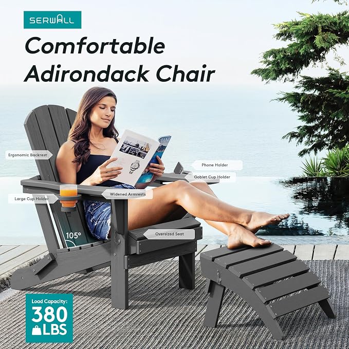 SERWALL Foldable Adirondack Chair, HDPE Adirondack Chair - Image 6