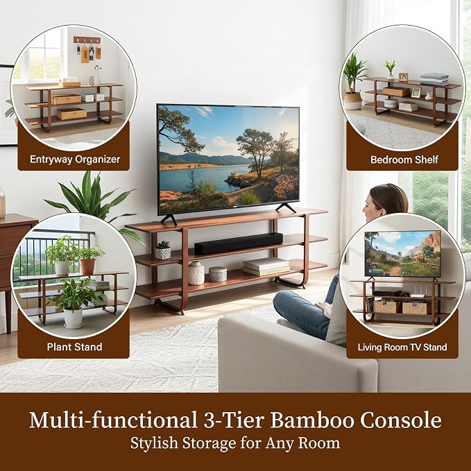 Welnow Bamboo TV Stand for Up to 65 Inch, Mid Century Modern Entertainment - Image 4