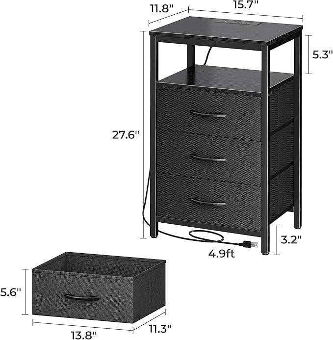 Huuger Nightstand with Charging Station, 27.6 Inch Side Table with Fabric - Image 3