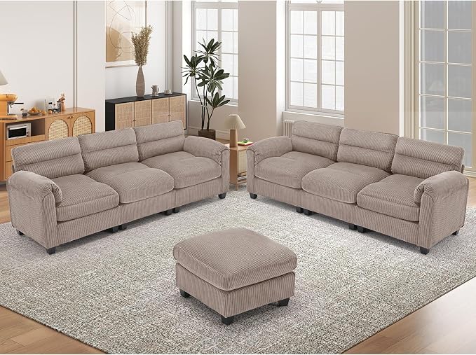 HAOMARKETS Corduroy Sofa Set, Upholstered Ottoman and 3-Seater Couch Set of 2 - Image 6