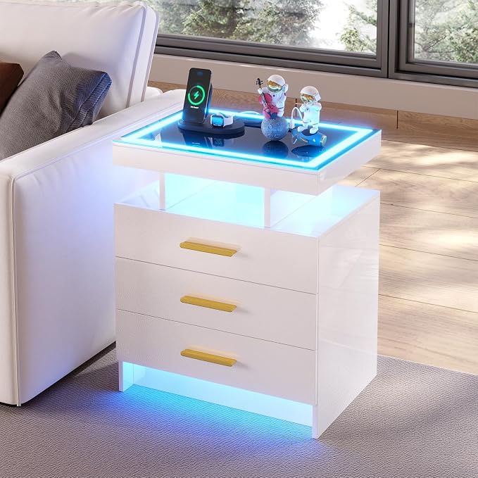 HNEBC Night Stand Set 2 with LED Lights, High Gloss Nightstand with 3 Drawers - Image 8