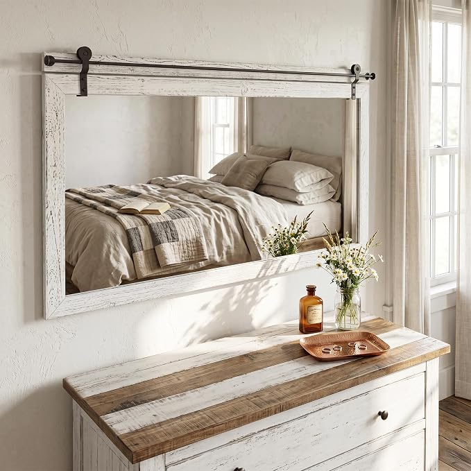 27"x49" Large Whitewashed Barn Door Wall Mirror, Horizontal Solid Wood Framed - Image 8