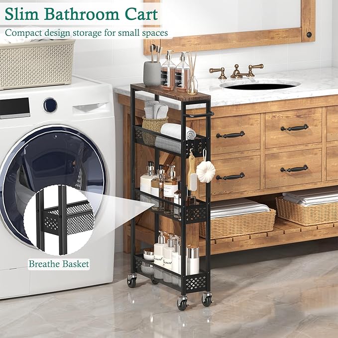 XYZLVSI Slim Storage Cart 4 Tier Narrow Kitchen Rolling Cart on Wheels - Image 3