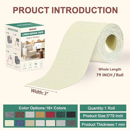 BESEZX Linen Fabric Repair Tape, 3x79 Inch Self Adhesive Repair Patches - Image 2
