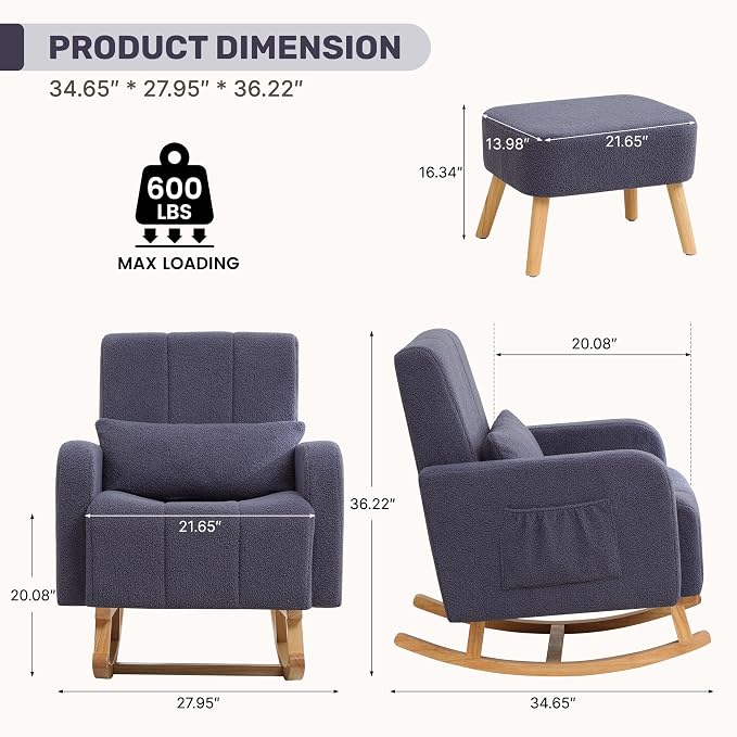 HCHAIRH Rocking Chair with Ottoman, Upholstered Glider Rocker with High - Image 2