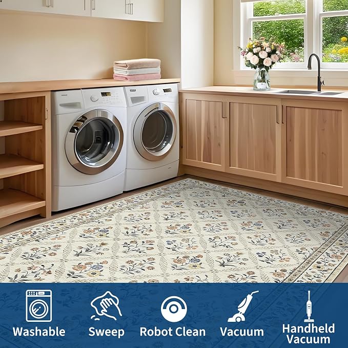 Floral Washable Entryway Rug Non-Slip 2x3 Front Door Mat Vintage Low-Pile Small - Image 8