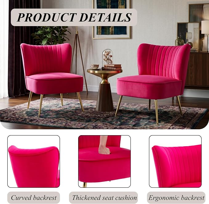 Velvet Accent Chair Set of 2 Comfy Living Room Chair Armless Slipper Chair Mid - Image 6