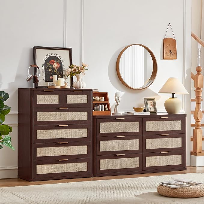 LEYAOYAO Rattan Dresser for Bedroom Set of 2, Modern 6 Drawers Boho Dressers - Image 7