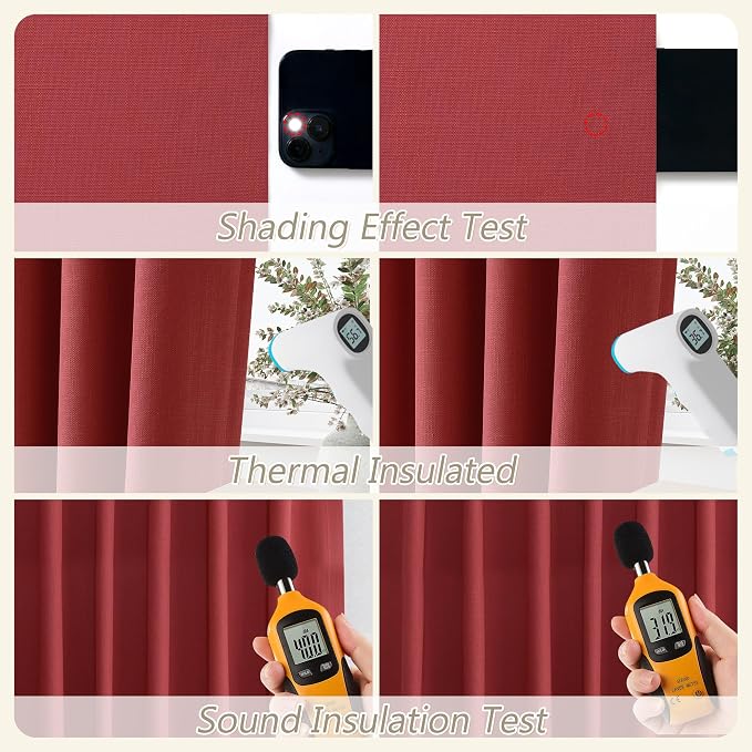 Guken Red 100% Blackout Linen Curtains 72 Inch Length 2 Panels Set - Image 5