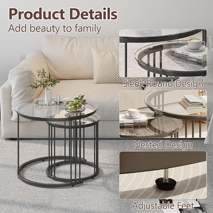 Garden 4 you Nesting Coffee Table, 23.6" Round Coffee Table Set of 2, Glass - Image 6