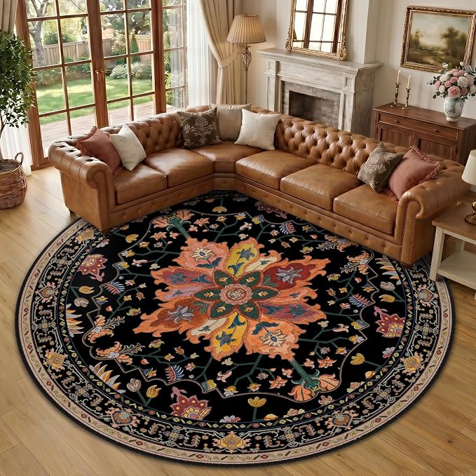 RELEANY Area Rugs Round 10ft Washable Non-Slip, Floral Vintage Distress Print by RELEANY
