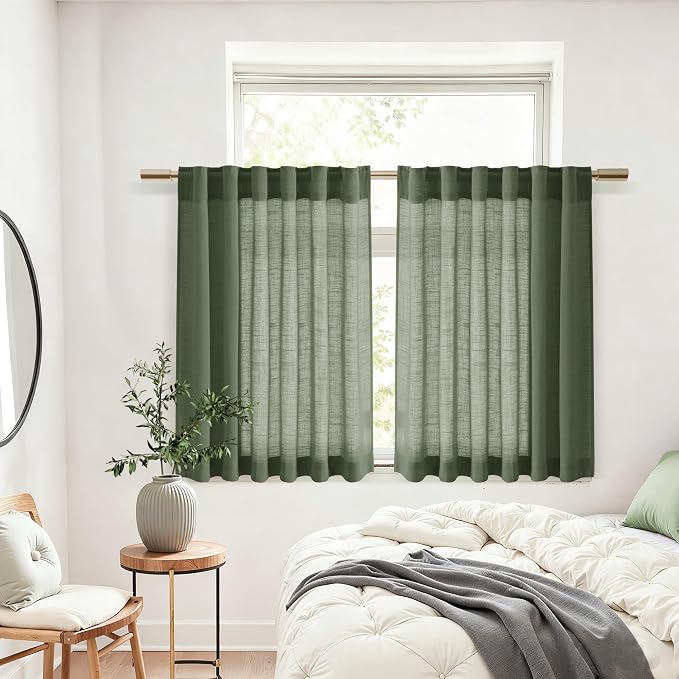 Nanspring Linen Kitchen Curtains 30 Inches Long 2 Panels Olive Green Semi Sheer - Image 6