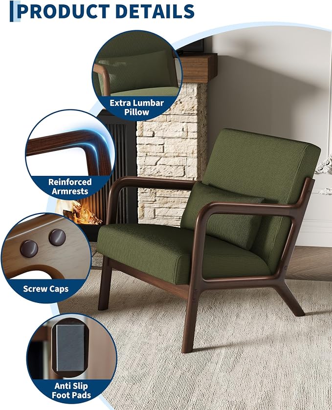 Garvee Mid-Century Modern Accent Chair, Fine Wale Corduroy Upholstery, Solid - Image 4