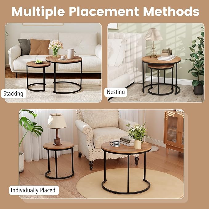 Giantex Nesting Coffee Table Set of 2, Round Stacking Side Tables w/Wooden - Image 5