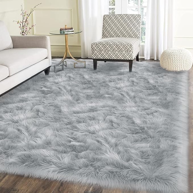 Latepis Washable Area Rugs 9x12 Living Room Gray Fur Rug Super Large Faux - Image 8