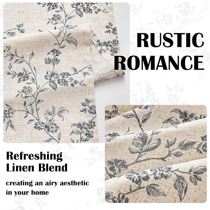 Lazzzy Black Floral Linen Curtains 90 Inch Farmhouse Back Tab Drapes - Image 3