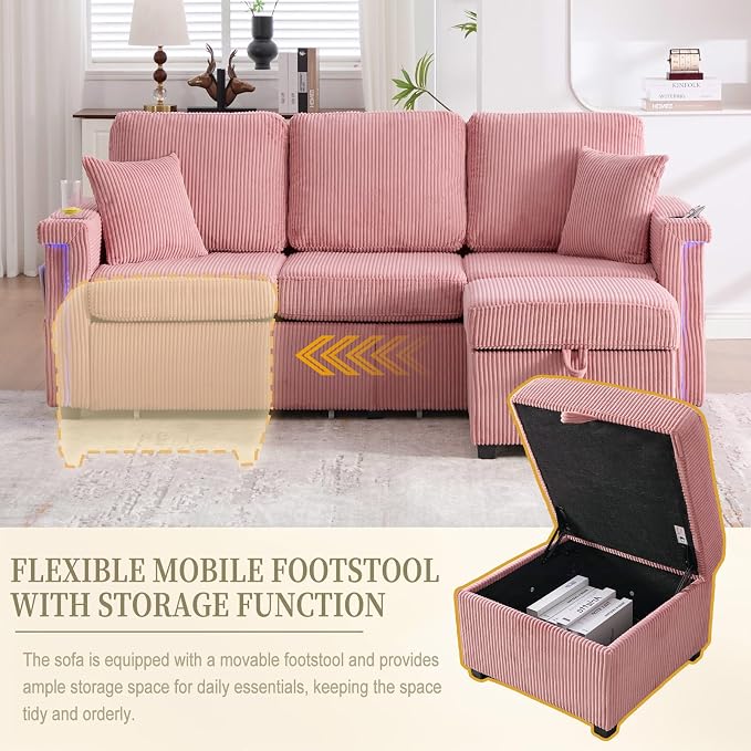 L-Shaped Sectional Sofa with Storage & Movable Ottoman, Corduroy 3 Seater - Image 7