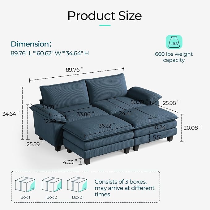 LINSY HOME 90" Modular Cloud Love Seat Sofa, Corduroy Soft Sectional Couch - Image 2
