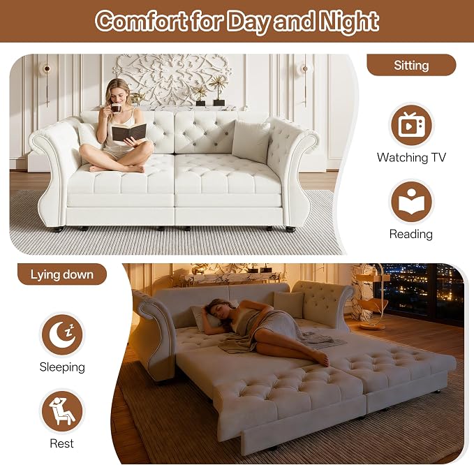 83.8" Oversized Pull Out Sofa Bed, Chesterfield Velvet Sleeper Sofa Couch - Image 3