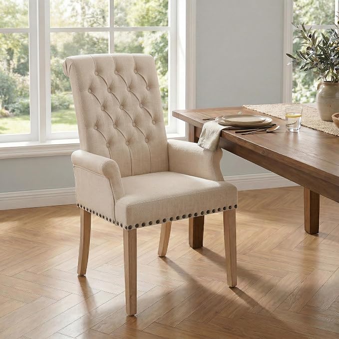 Modern Backrest Cushioned Dining Chair, Button Decorated Armrest Linen Chair by JYFN