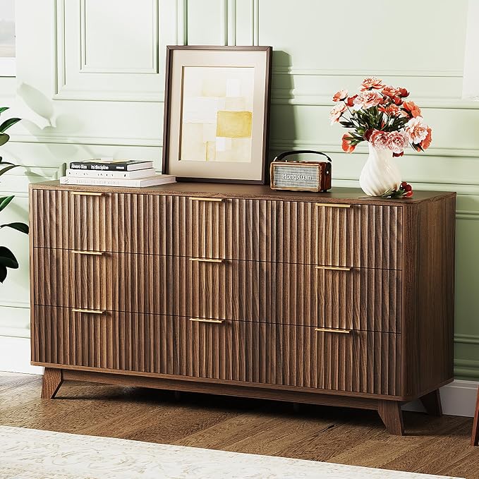 VINGLI Fluted Walnut Dresser 9 Drawer, Dark Wood Dresser Brown - Image 6