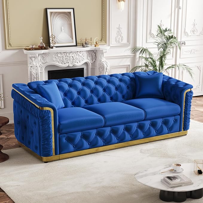 84.6" Luxury Chesterfield Sofa Velvet Tufted Sofa Black and Gold Couch by Nolohoo