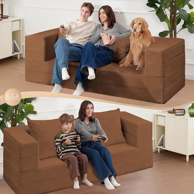 Folding Bean Bag Chair for Adults, 3-in-1 Bean Bag Couch Faux Fur Floor Sofa - Image 5
