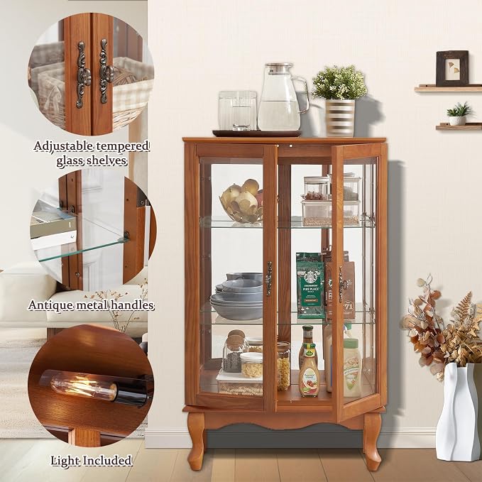 Curio Cabinet With Lighted Tall Leg Glass Door, Antique Display With Mirrored - Image 3
