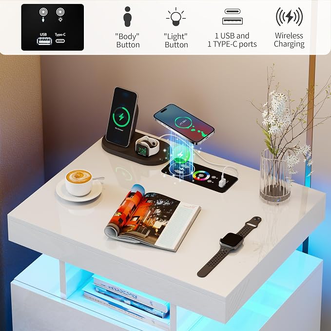 Smart Night Stand with Charging Station, Modern White Nightstand with 24 Color - Image 7
